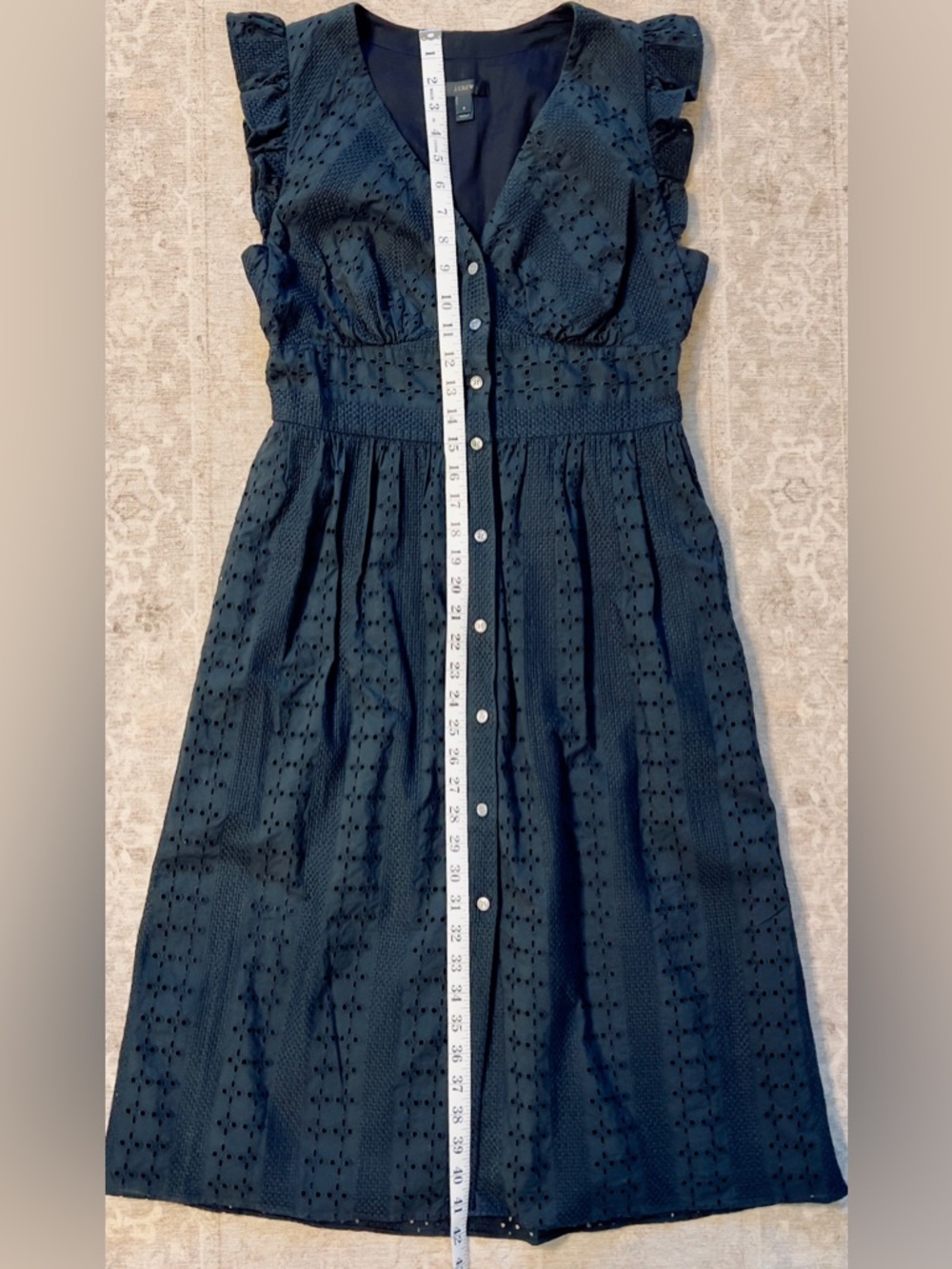 J.Crew Women’s Black Eyelet Midi Button Up Ruffle Sleeve Dress Size 8 - Picture 3 of 10